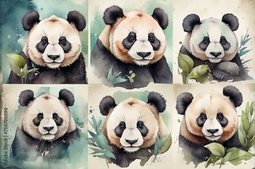 Watercolor set of cute pandas and bamboo leaves. Pastel colors. AI generated. Watercolor set of cute pandas and bamboo leaves. Pastel colors. AI generated.