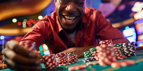 A happy man winning poker in casin
