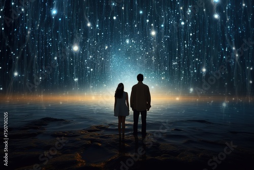 two people standing with milky lights the blue sky