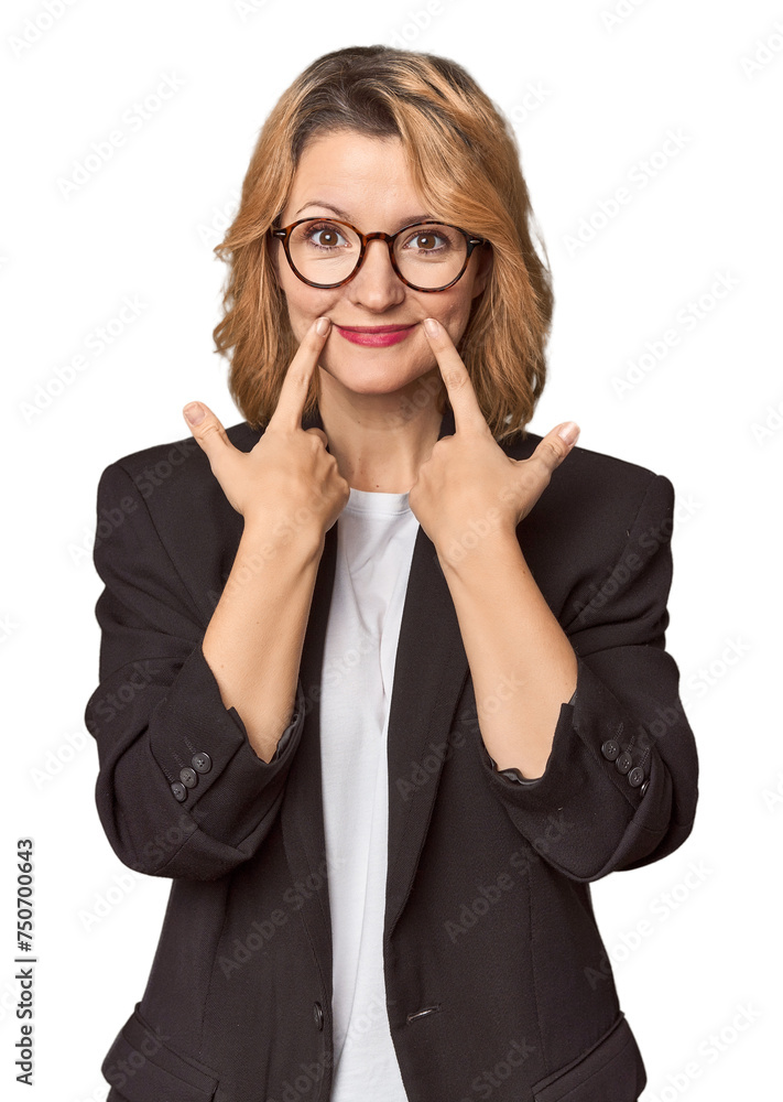 Caucasian woman in black business suit doubting between two options. Caucasian woman in black business suit doubting between two options.