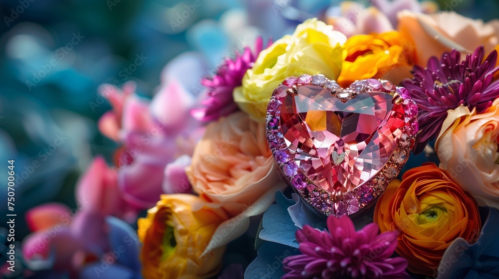Gemstone in the Shape of a Love Heart with Flowers