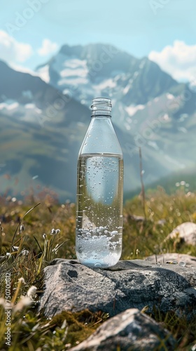 Pure mineral water in a glass bottle. Clean liquid on mountain background