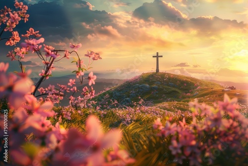 Sacred Sunrise: Hilltop Cross Surrounded by Spring's Pink Blossoms