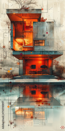 Exquisite digital artwork: intricate brown-orange tones, dynamic lighting, with element, depicting a continuous line suburban scene on light backdrop.generative ai