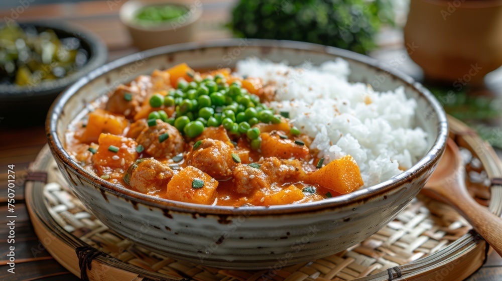 Curry and rice, traditional Japanese rice bowl. Curry and rice, traditional Japanese rice bowl.