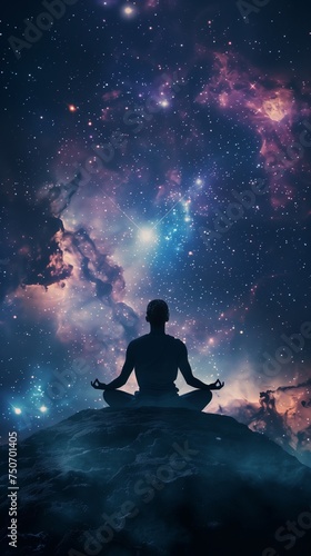Silhouette of a man meditating on the lotus pose in front of galaxy universe background