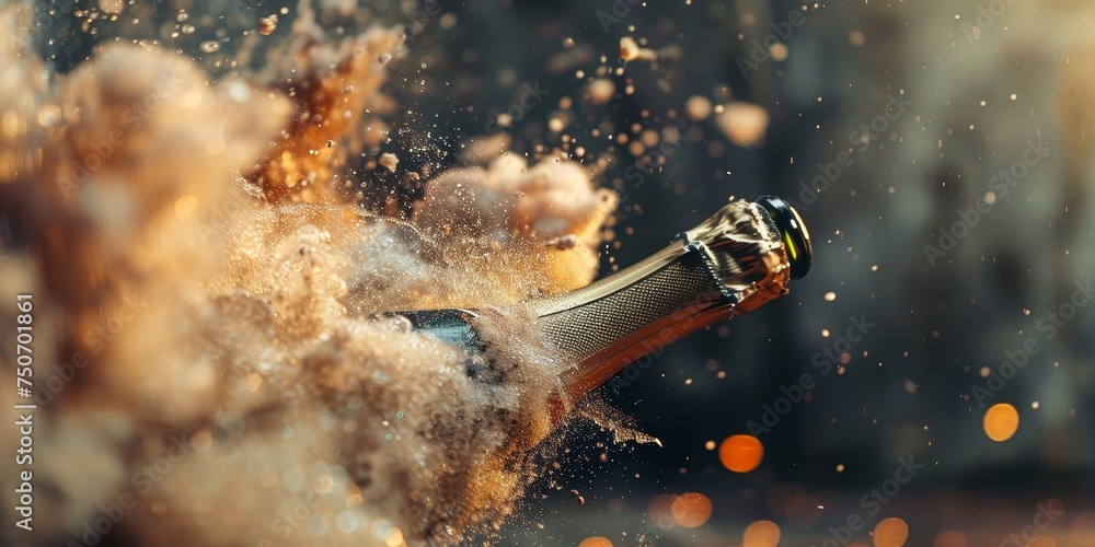 Champagne bottle exploding. Cork flying out. Champagne bottle exploding. Cork flying out.