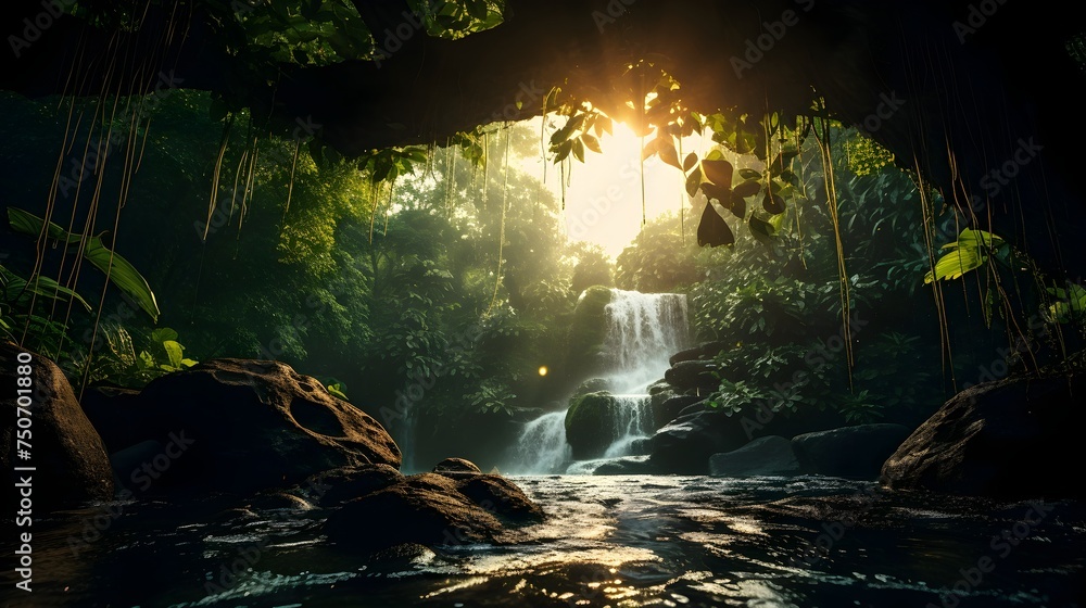 Sunlit Waterfall in a Misty Jungle