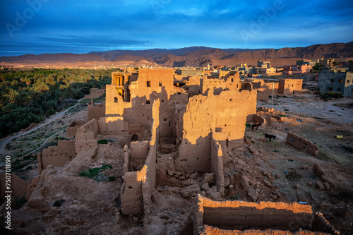 Historic ruins in the town of Tinghir, Morocco early in the morning