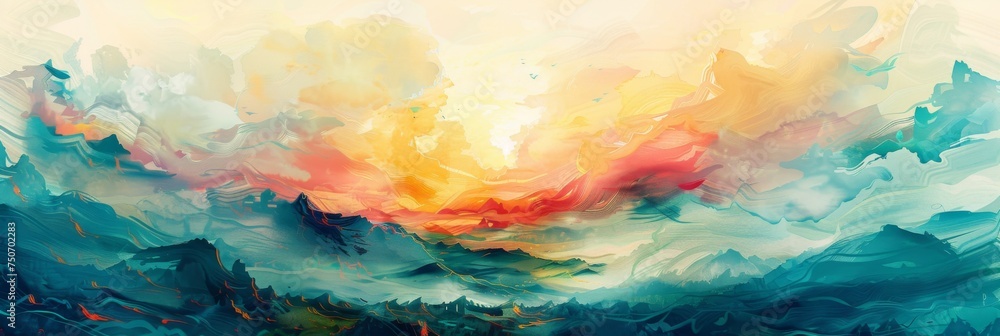 Luminous abstract landscape with sunset hues - An abstract landscape painting showcasing a brightly lit sunset with splashes of yellow and red, blending with blue sky and mountains