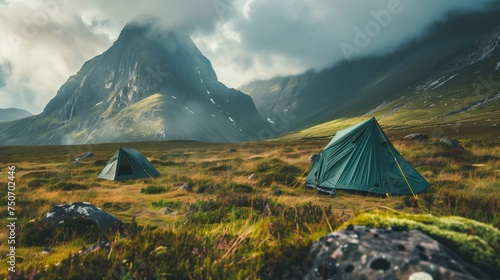 Two Tents pitched up in the Highlands. Camping. Active Lifestyle Concept