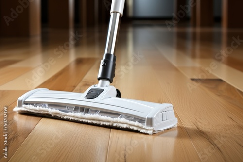 Mop cleaning wooden parquet floor in hallway - home maintenance and cleanliness concept