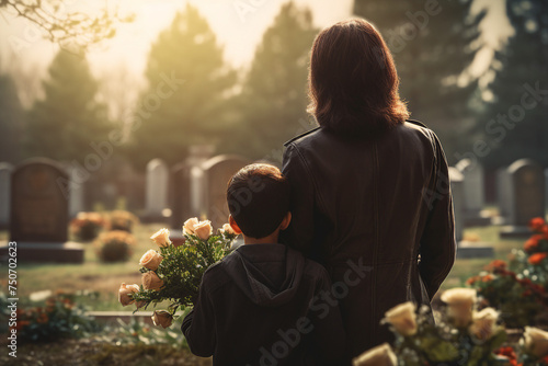Rear view ai generated picture of sad lonely person visiting relatives standing at cemetery alone © deagreez