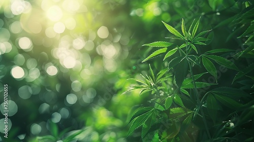 Sunlit emerald cannabis leaves flourishing in an organic garden