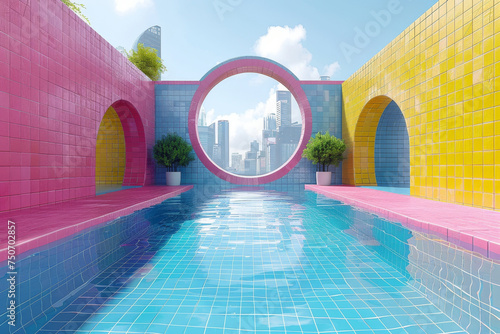 Retrofuturism meets vibrant landscapes in candycolored scenes a modernist mashup with a touch of pop mythology photo