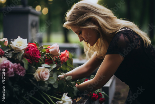 Ai generated picture of sad lonely girl visiting relatives and family at a cemetery © deagreez