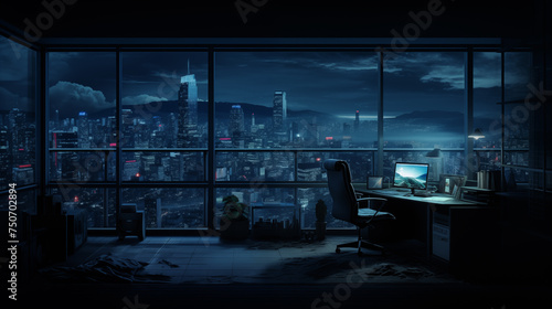 home office workplace with panoramic windows overlooking the city and tall buildings in the center at sunset without light sources in a gloomy city
