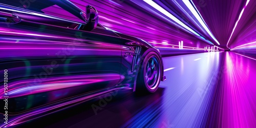 driving in the night, futuristic synth-wave car in purple neon colours.