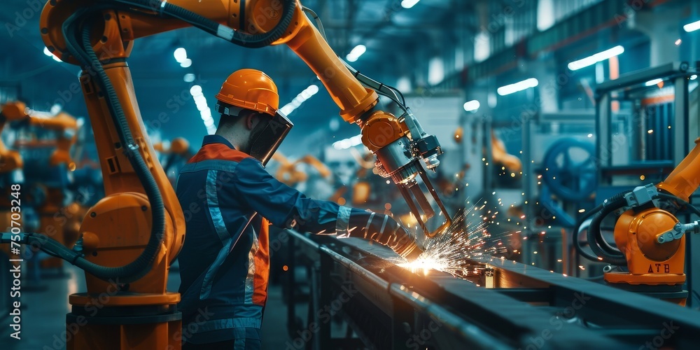 Engineer check and control welding robotics automatic arms machine Engineer check and control welding robotics automatic arms machine