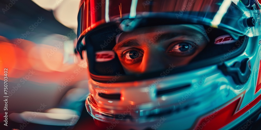 Formula One driver in closeup wearing helmet Formula One driver in closeup wearing helmet