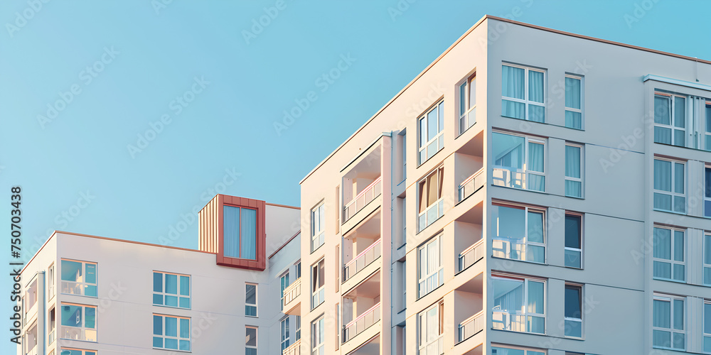 Modern Apartment Buildings with Architectural Details and Contemporary Facade Design,Modern Apartment Building Complex with Contemporary Exterior and Urban Skyline Views