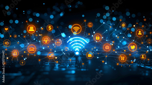 Flat design of a wireless network ensuring stable connection with icons for social media trends and online shopping spree