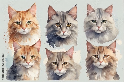 Watercolor cute cats on the grey background. Graphic for fabric,tee-shirt, postcard, greeting card, book, poster, sticker. AI generated