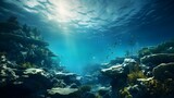 Underwater Reef with Sunlight and Fish in a Lively Ocean Blue Background