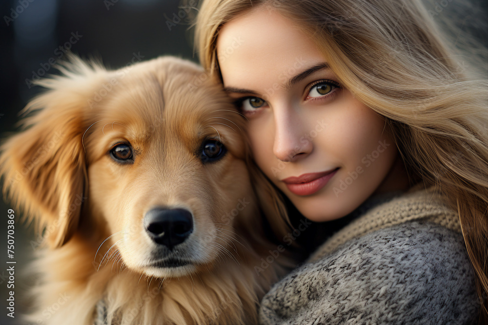 Generative AI picture of happy beautiful lovely woman hugging her lovely animal Generative AI picture of happy beautiful lovely woman hugging her lovely animal