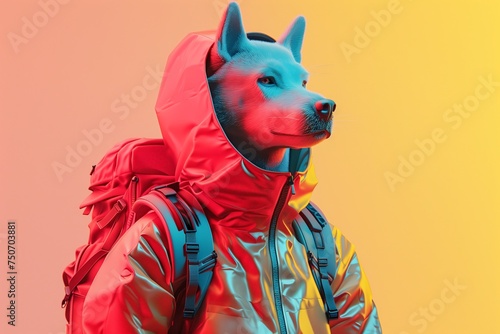Serious Character with Dog Head, wearing a reflective jacket with pink and yellow background. Created by Generative AI