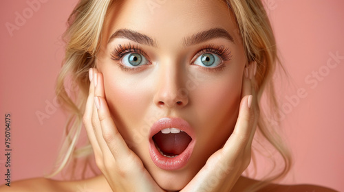 beautiful woman exited surprise face expression female feels shocked