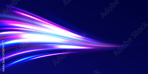 Motion light effect for banners. Illustration of high speed concept. Light arc in neon colors, in the form of a turn and a zigzag. 