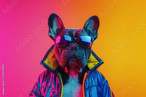 Serious Character with French Bulldog Head, wearing a reflective jacket with pink and yellow background. Created by Generative AI