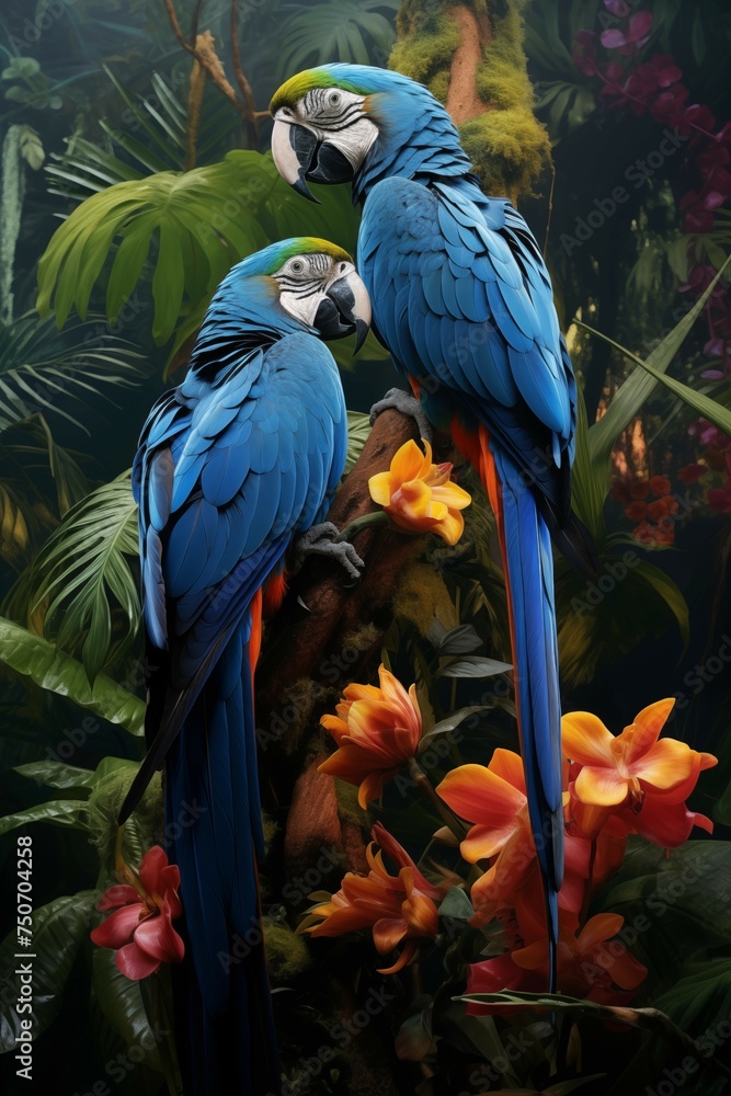Obraz premium Two colored Blue-and-yellow macaw sitting on a branch and preening (Ara ararauna) in the forest