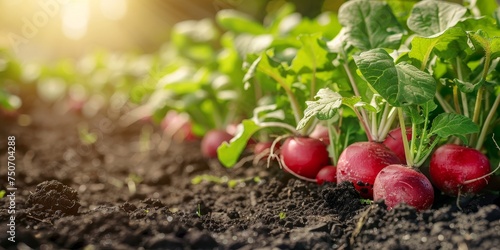 Freshly harvested red radishes on the soil in a field