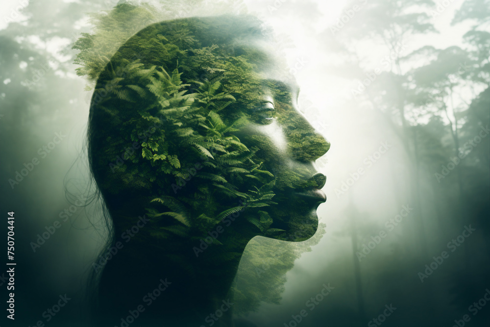 Creative double exposure portrait of attractive woman with forest environment and conservation concept generative AI Creative double exposure portrait of attractive woman with forest environment and conservation concept generative AI