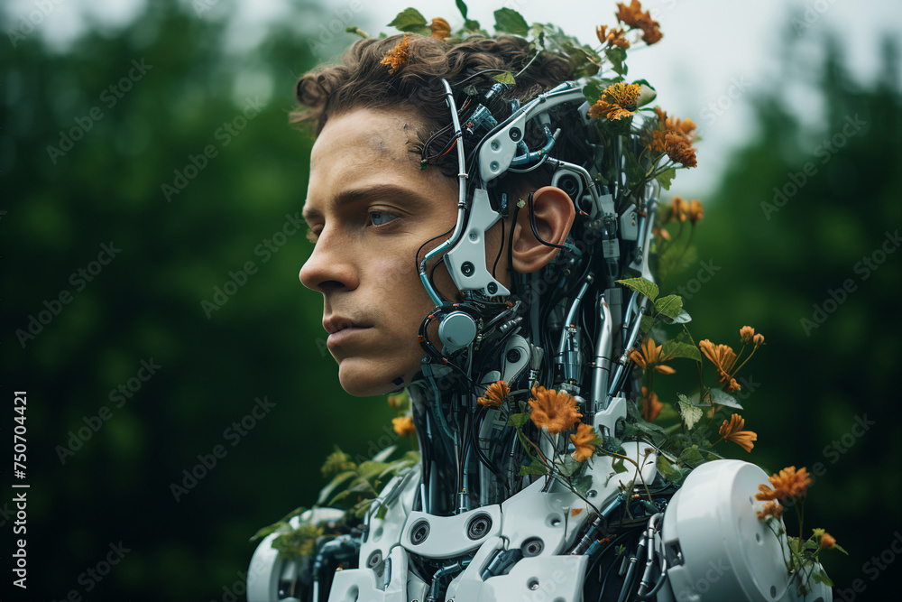 Fototapeta premium Portrait of man made from flowers and plants generative AI