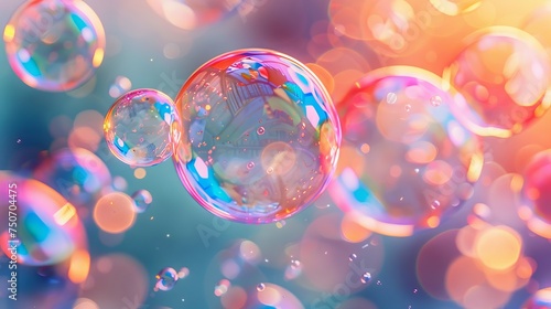 Transparent soap bubbles floating with rainbow-like iridescent surfaces
