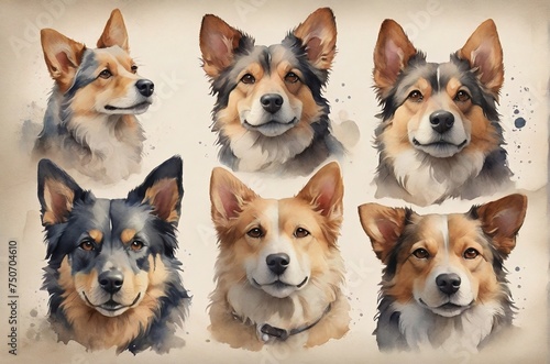 Set of watercolor dog faces, dog portrait isolated on grey background. Dog paint splash icons. AI generated