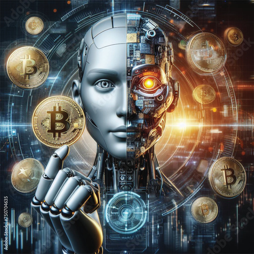 humanoid robot with a face that is half-human, half-metal, holding a Bitcoin in one hand. Surround the robot with various cryptocurrency coins, creating a futuristic and technologically advanced atmos