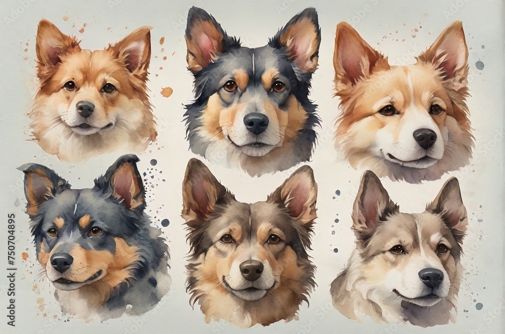 Set of watercolor dog faces, dog portrait isolated on grey background. Dog paint splash icons. AI generated