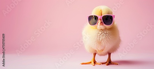 Funny chicken wearing sunglasses on pastel color background with copy space for text placement