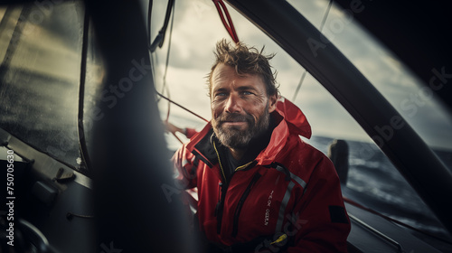 Beautiful inspiring shot of action adventure of sailor or captain on yacht or sailboat attaching big mainsail or spinnaker with ropes on deck of boat, adventure lifestyle storm, bad weather, big waves