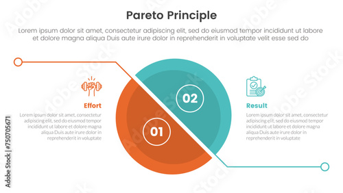 pareto principle comparison or versus concept for infographic template banner with big slice half circle with line separation with two point list information