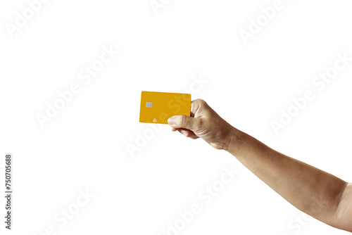Image of hand holding yellow plastic card isolated on transparent background png file.