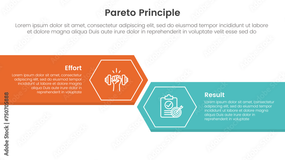 pareto principle comparison or versus concept for infographic template banner with big rectangle with arrow edge and hexagon with two point list information