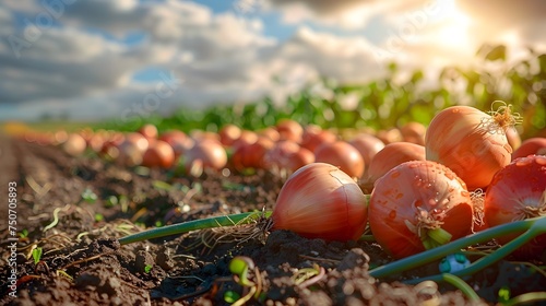 Onions in a Field at Sunrise in Photorealistic Style