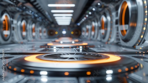Modernistic teleporter pads with glowing edges in a metallic sci-fi lab photo