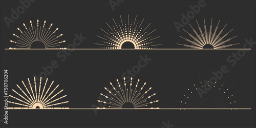 Set of light rays, sunbeams, and solar rays. Fireworks. Design elements, linear drawing, vintage hipster style. Set light rays, sunbeams of different sizes and intensities against a light background.