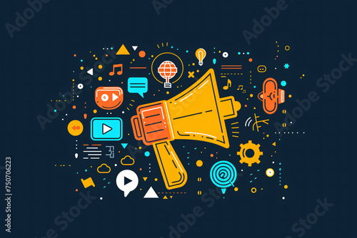 Colorful digital marketing icons around a megaphone on dark background